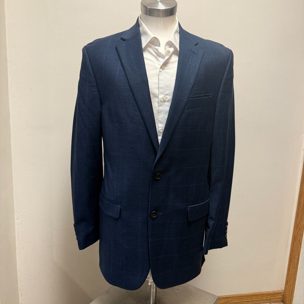 Lauren Ralph Lauren Blue Windowpane Plaid Wool Blazer Sport Coat Men 40L Wool